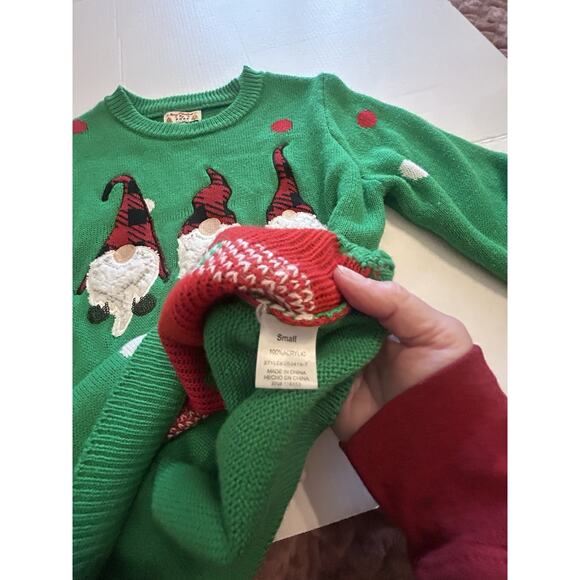 Gnomes Green Polka Dot Size Small Christmas Sweater Poof New York Sequin Accent - Picture 10 of 11